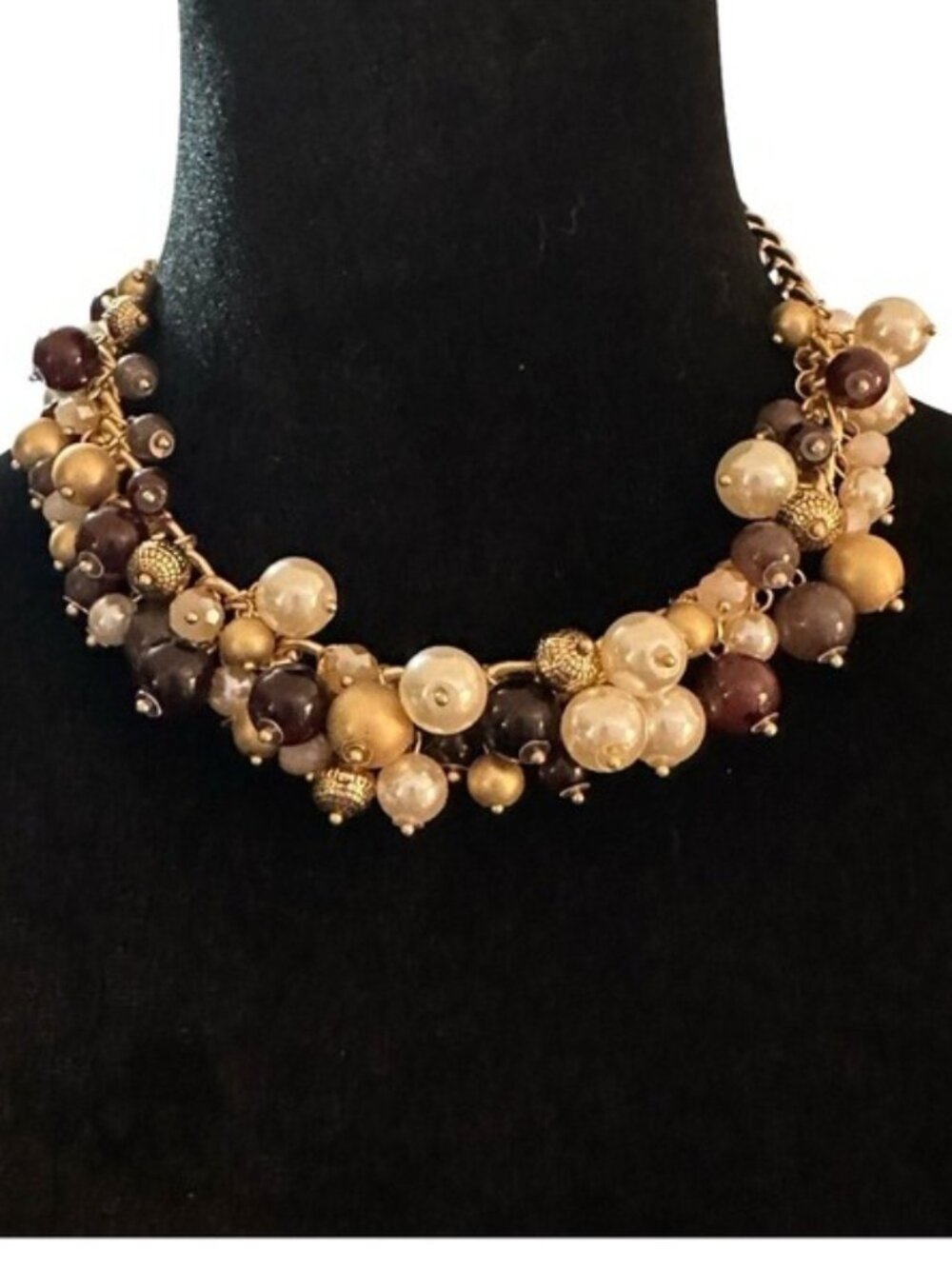 Beaded Statement Necklace Brown Gold Tone Cream Adustable Length Womens 18 Inch - Picture 2 of 4
